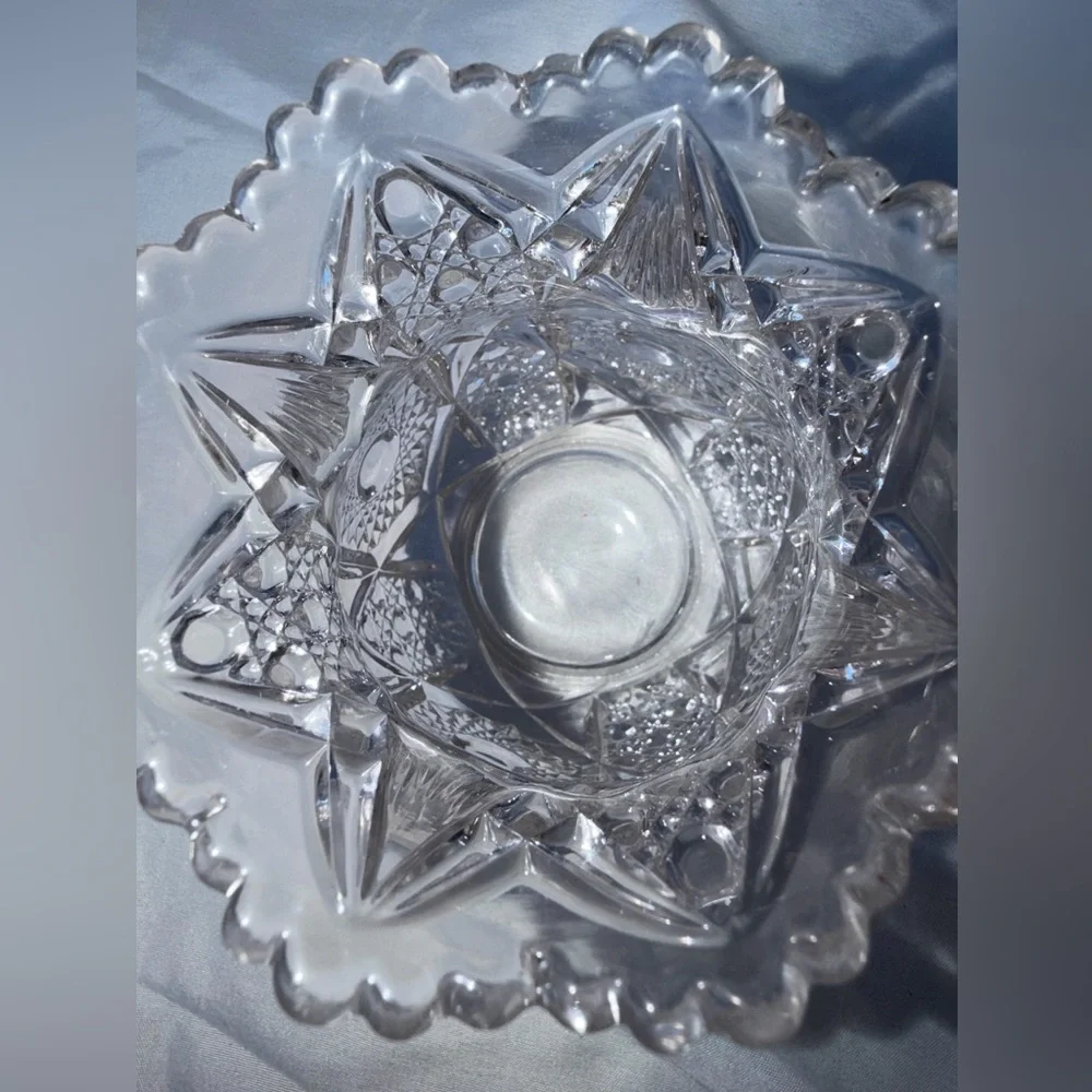 Vintage EAPG Cut Glass Small Vase Hobstar & Fan Pattern Scalloped Sawtooth Rim - Picture 3 of 8